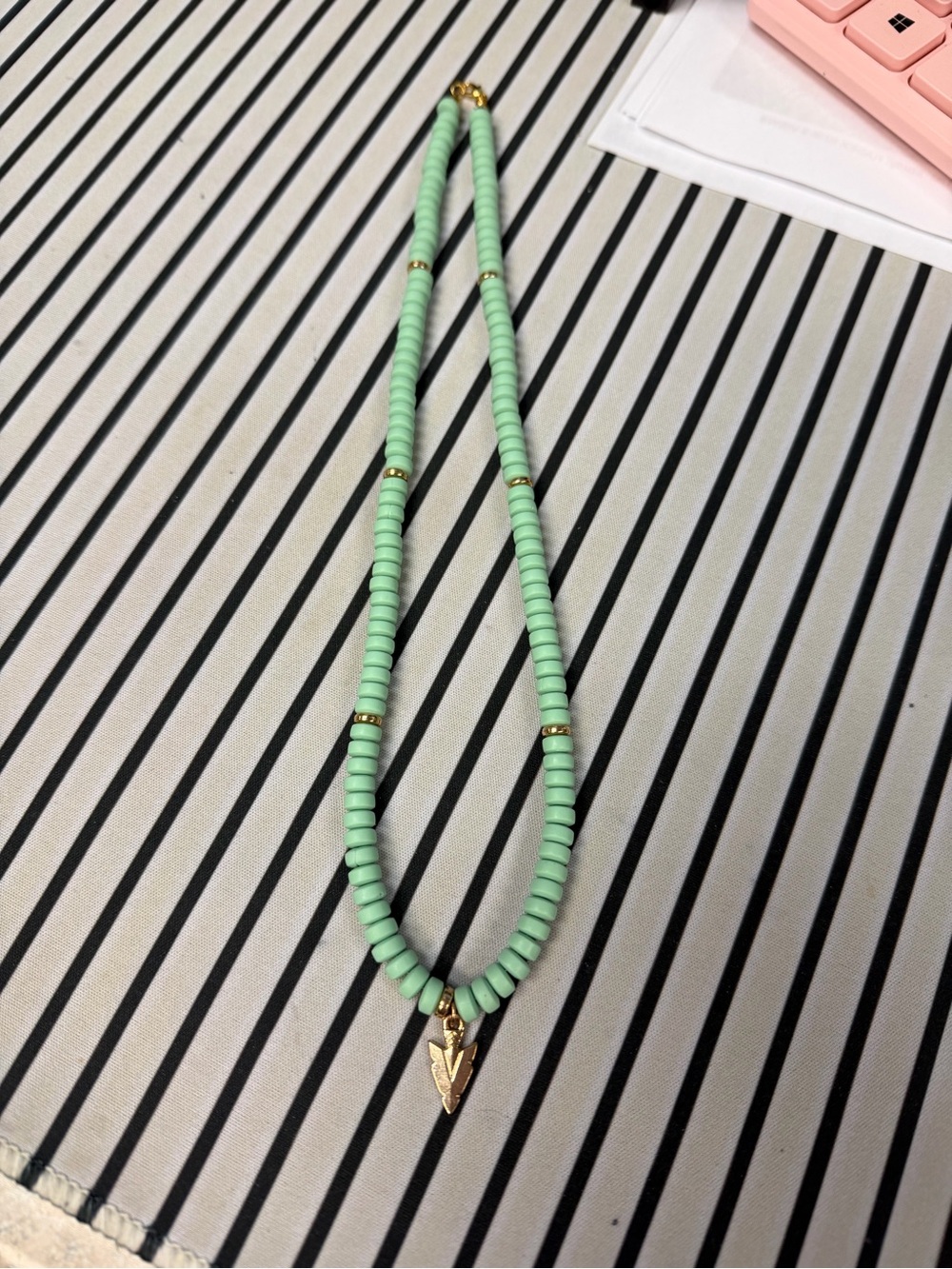 Mint Bead Necklace with Gold Arrow Charm